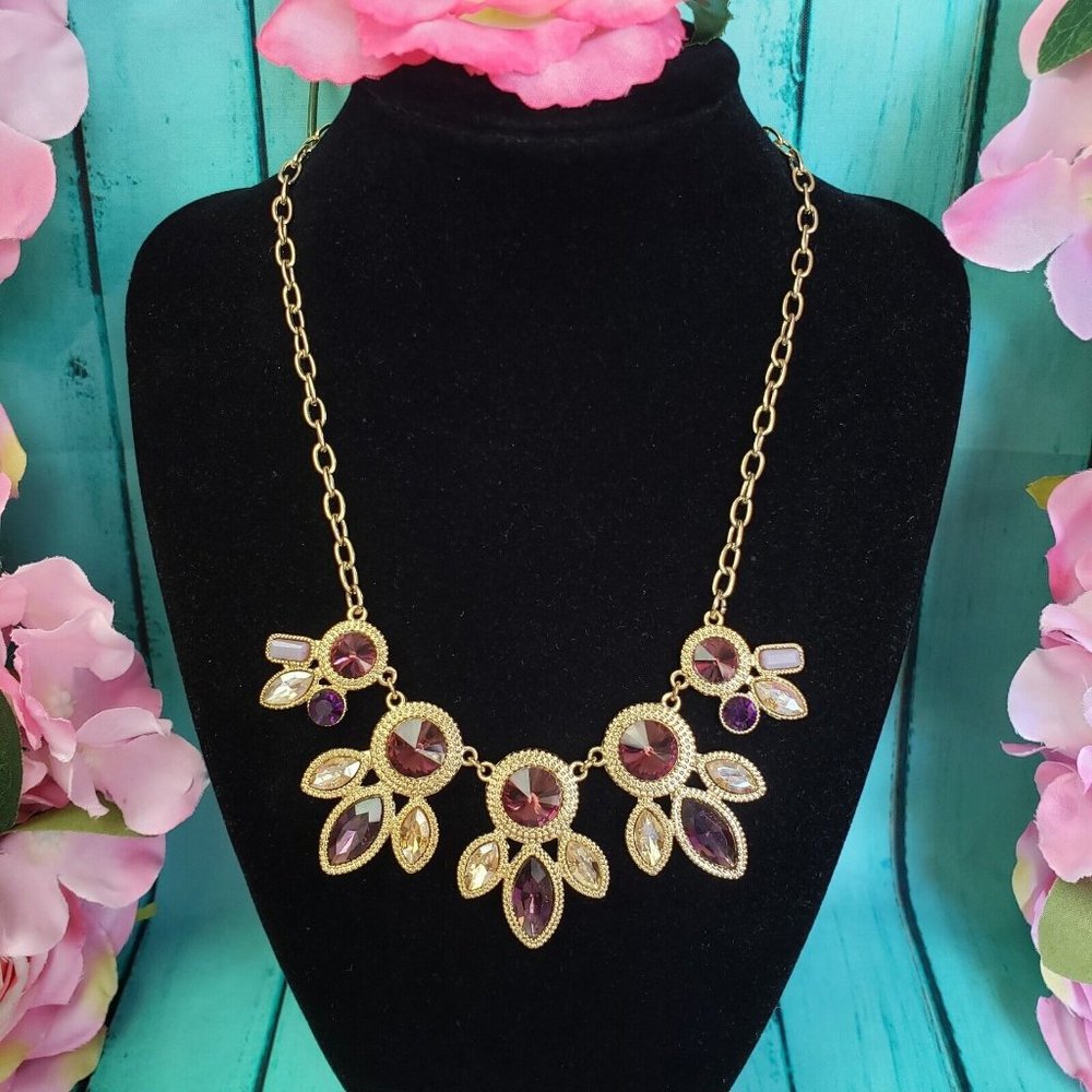 Purple & Champagne Color Glass Rhinestone Gold Tone Link Fashion Bib Necklace